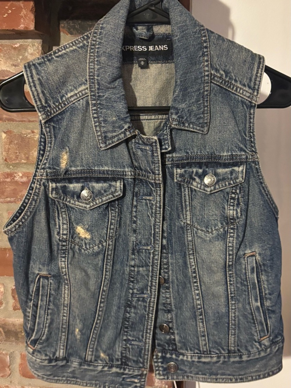 Express Distressed Dark Blue Denim Vest - Picture 3 of 10